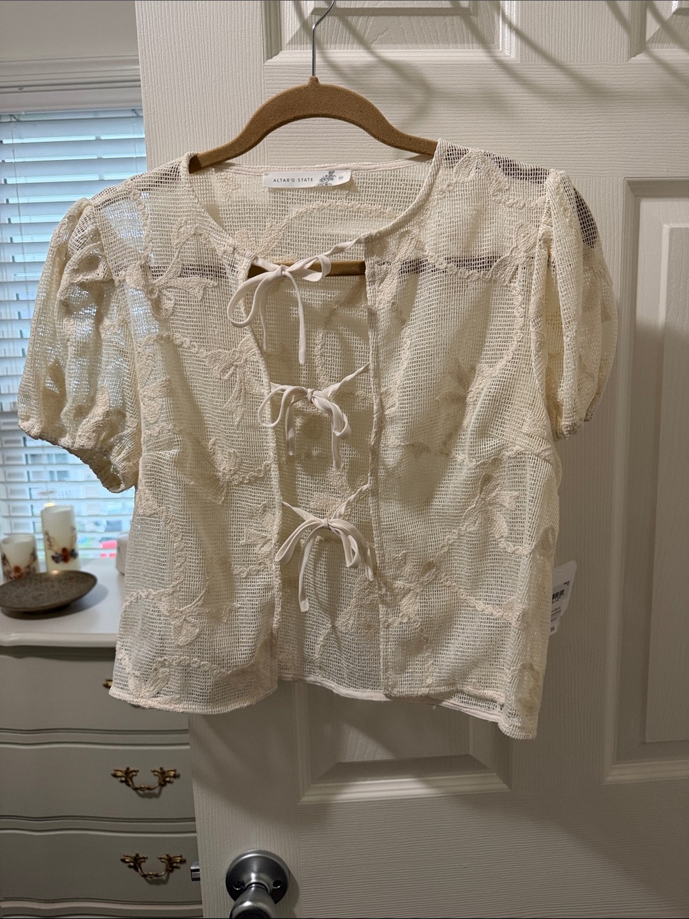 Altar'd State Cream Lace Tie-Front Puff Sleeve Blouse